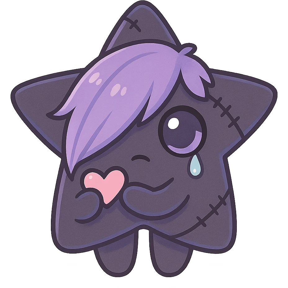 emo star, chibi style, black and purple, stitched, teardrop, dramatic shadows, big eyes, pastel palette, holding a tiny heart emoji