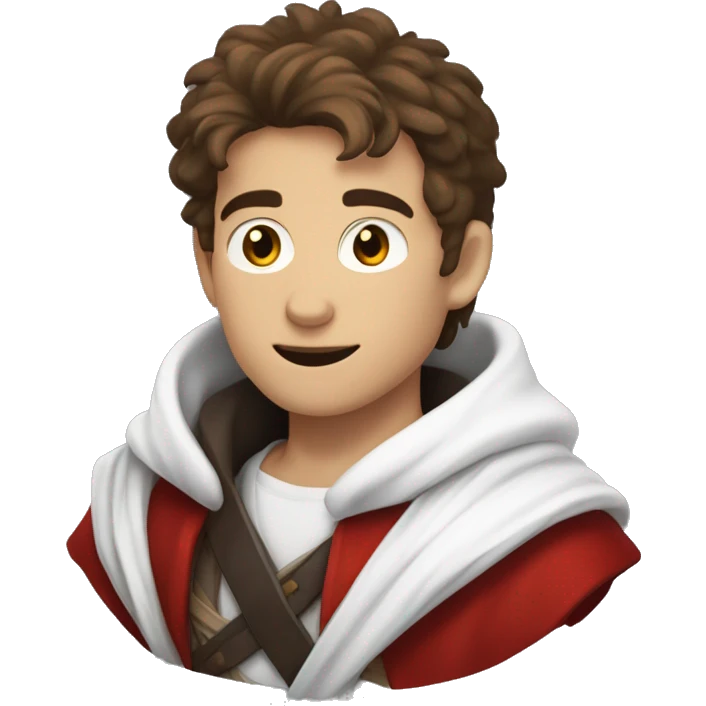 A young swordsman with messy brown hair wearing a red jacket/cloak with white fur overtop a white t-shirt, as well as a black scarf wrapped around his neck emoji