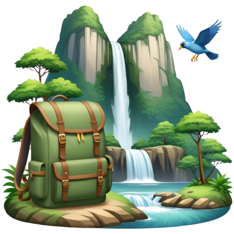 Icon for Ecotourism: lightweight hiking backpack and a scenic landscape with lush green forests, a waterfall, and wildlife, such as birds or animals in background. Transparent background. emoji