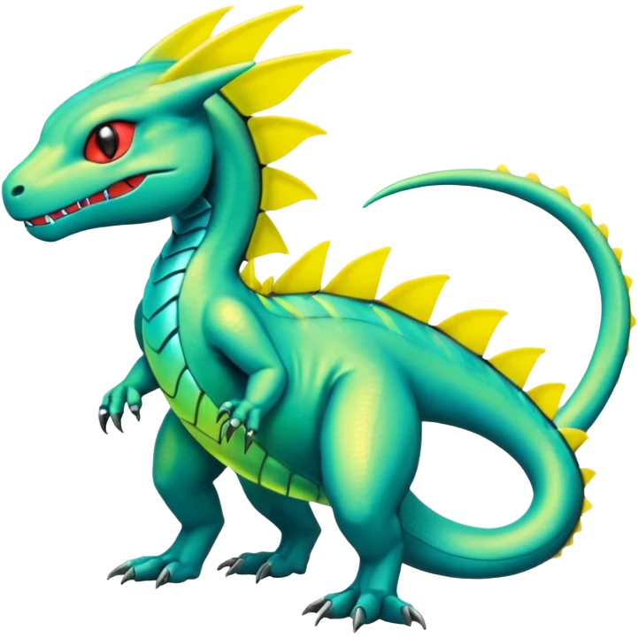 Cute Shiny neon-green cyan yellow iridescent Guilmon-Salandit-Fakémon-hybrid-creature (full body)  emoji