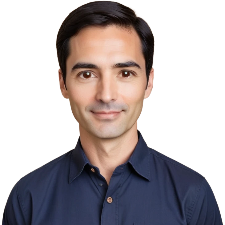 Man in his 40s with wide square face, marked jawline, full cheeks, friendly expression, medium dark brown eyes, thick natural eyebrows, straight wide nose, medium lips curved slightly upward in a relaxed smile, short neat dark brown almost black hair, wearing a navy blue button-up shirt emoji