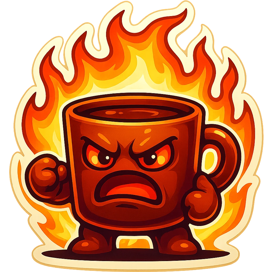 coffee creature, angry and on fire emoji