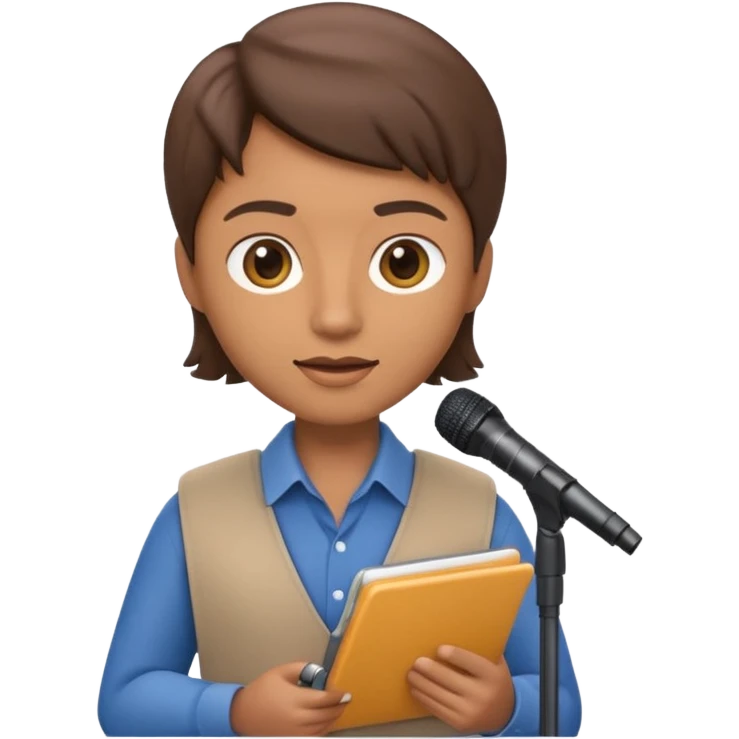Apple Memoji-style 3D emoji of a journalist holding a microphone and notepad, smooth gradients, rounded shapes, no background. emoji