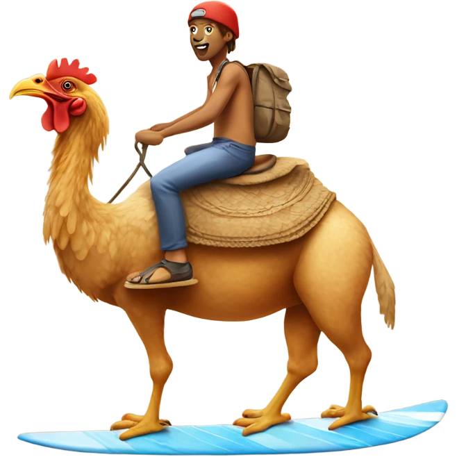 chicken riding on a camel who is surfing  emoji