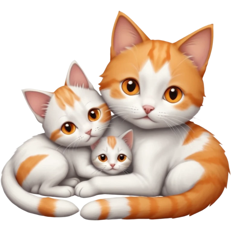 full body of very small + skinny ginger and white kitten with deep orange eyes and triangular shaped face lying down cuddling a grey and white kitten who is a bit bigger than him emoji