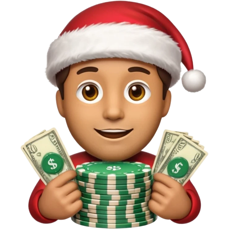 A confident rich emoji face wearing a Santa hat, money stacks, casino vibe, New Year theme, premium 3D emoji style, sharp details, no text, isolated on transparent background emoji