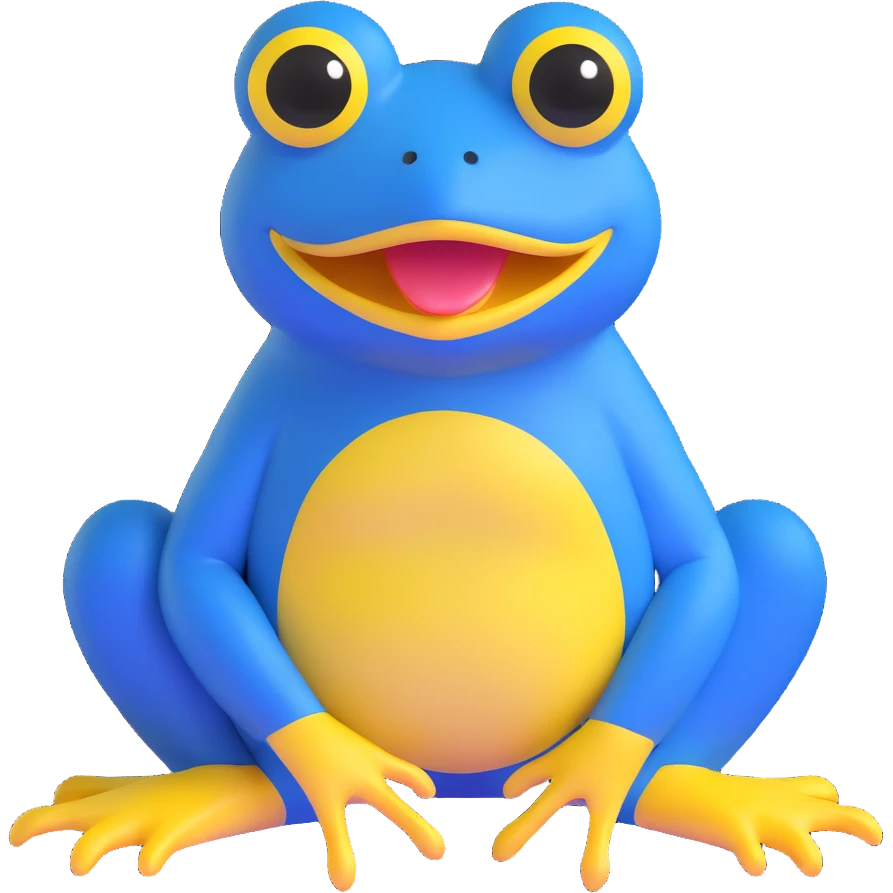 blue frog, sitting pose, exaggerated yellow mouth, wide eyes, cute and silly, appealing to children, no accessories emoji