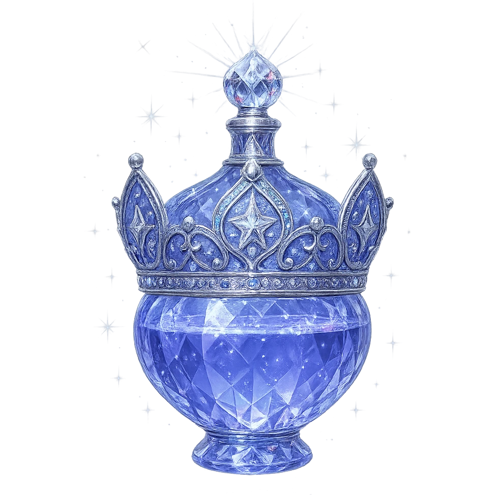 išskirtinai prabangus eliksyro buteliukas, aiškiai karūnos forma, spalva #7986cb, daugiasluoksniai holografiniai ir sidabriniai ornamentai, kristalo tekstūra, daug magiškų švytėjimų ir žėrėjimo, šviesos spinduliai, labai mažas kaklelis, dailiai sujungta, užapvalinta ir uždara apačia (ne plokščia ir ne atvira kaip stiklinės), skaidrus fonas, buteliukas aiškiai plūduriuoja ore, be pagrindo ar šešėlio, nestovi, modernus, kolekcijai tinkamas, ypatingai gražus, siluetas aiškiai primena karūną emoji