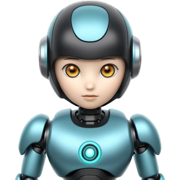 Cute futuristic chibi humanoid robot with large rounded head, add text on chest "LMX", glossy black and grey metal body, glowing cyan and amber eyes, visible joints, confident pose, white background, high-detail 3D render,  emoji