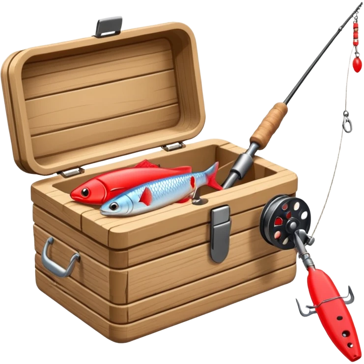 A fishing rod with reel and line neatly coiled beside a bait box.

 emoji