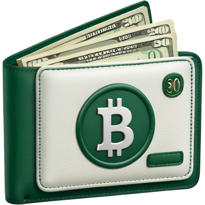 white men's wallet with dark green elements, white banknotes with dark green numbers sticking out, no emojis emoji