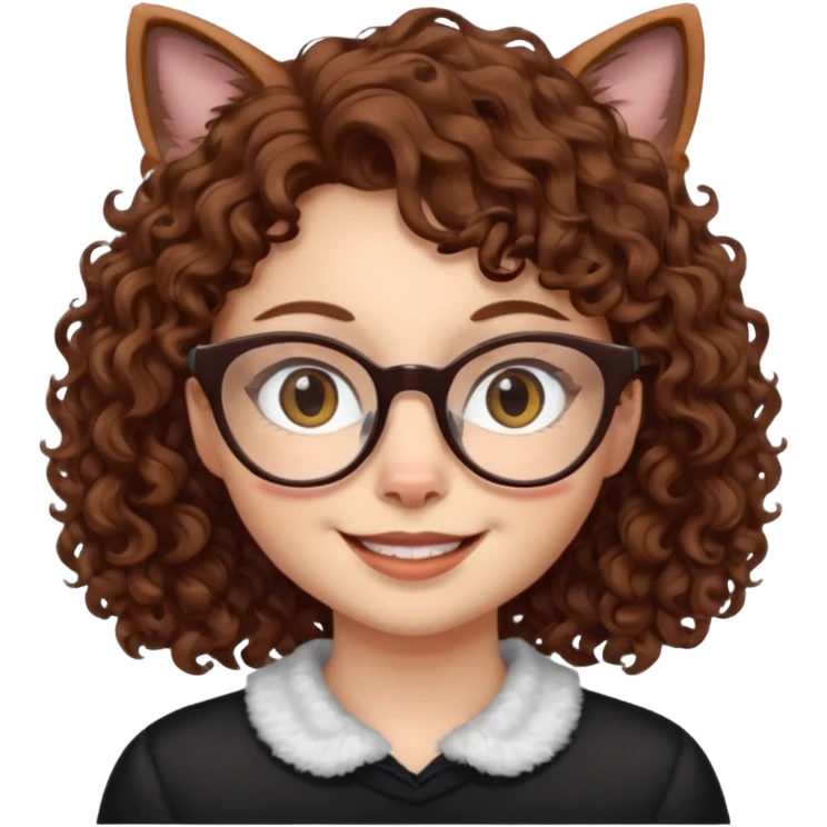 character with brown curly hair, doe eyes, white skin, cat eye glasses, smiling emoji