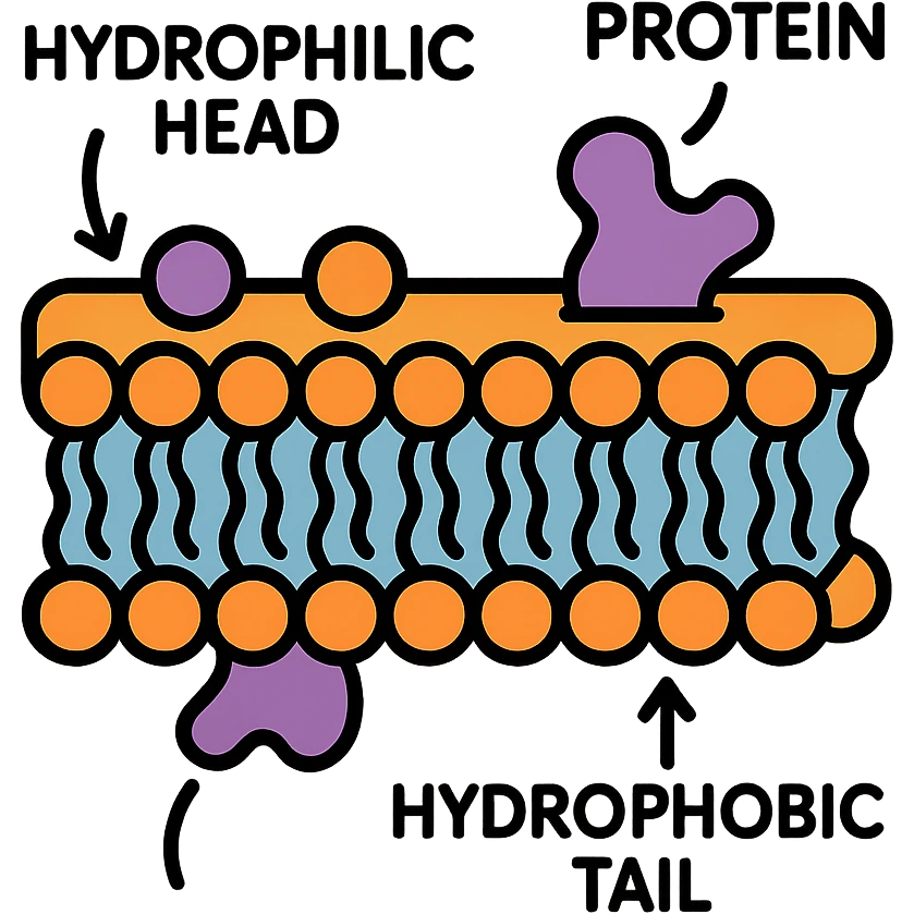 scientific diagram of biomembrane showing double phospholipid bilayer with hydrophilic heads and hydrophobic tails, embedded proteins, labeled components, clean and educational style emoji
