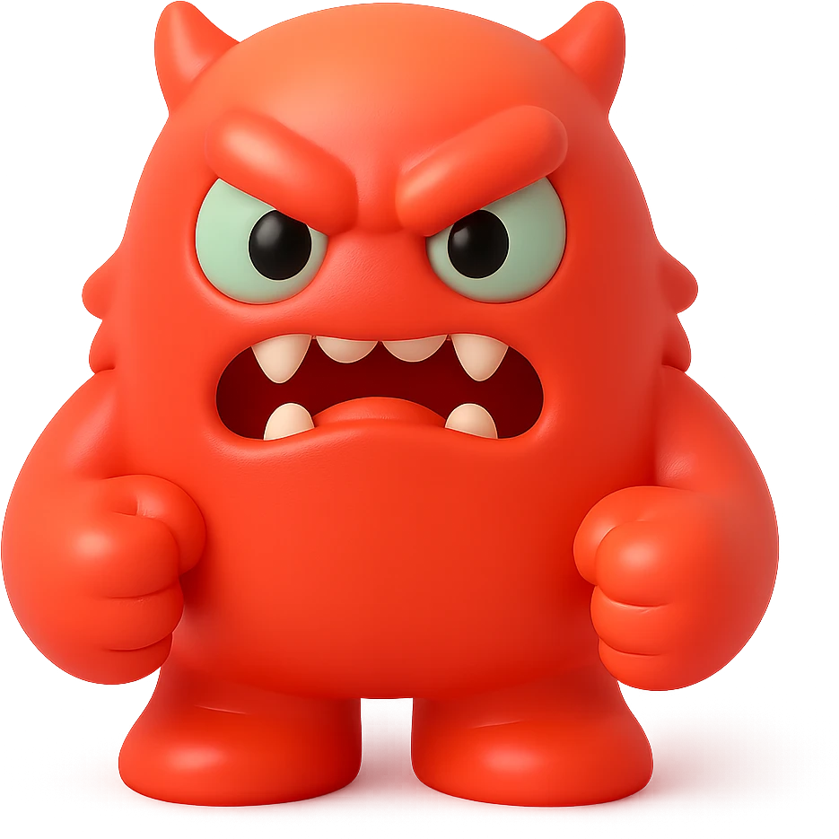 angry monster with furrowed brow, bared teeth, clenched fists, bright red and orange colors, toy-like emoji