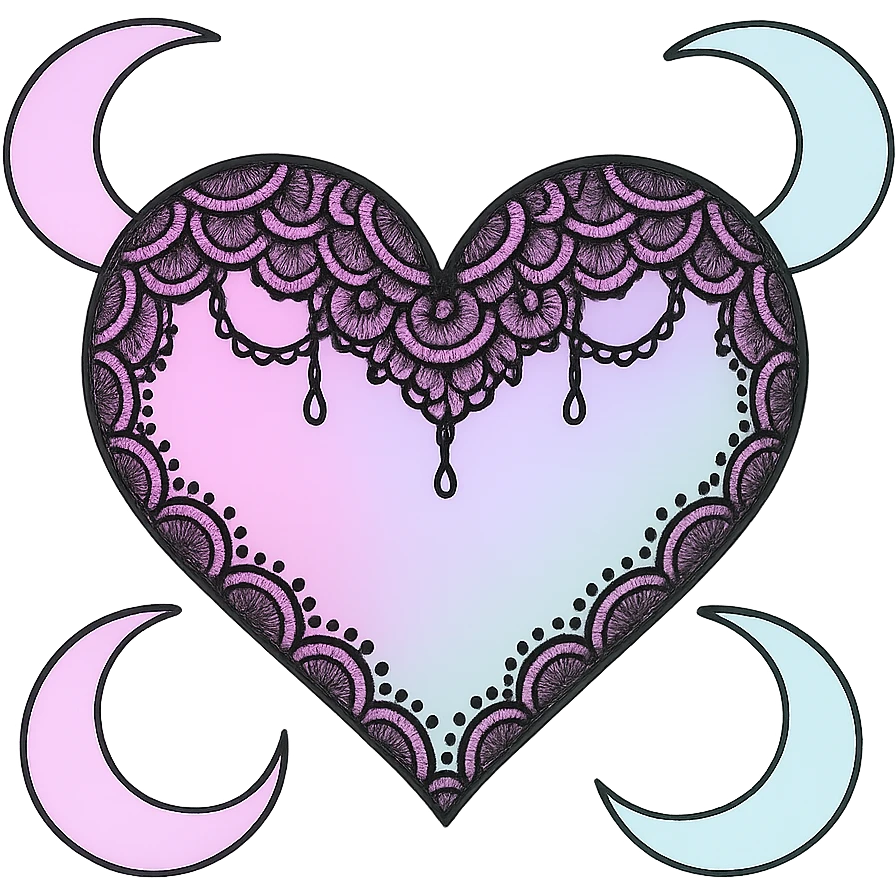 Remove the background, keep the pastel goth heart with pastel moons and black lace, transparent background. emoji