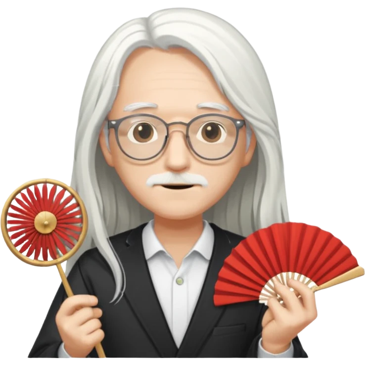 long white haired folding fan holder with glasses emoji