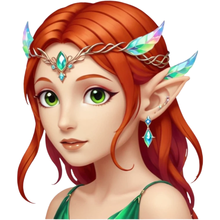 portrait of red haired Elvish fae shiny sparkly iridescent translucent diaphanous ear climber ear cuff emoji