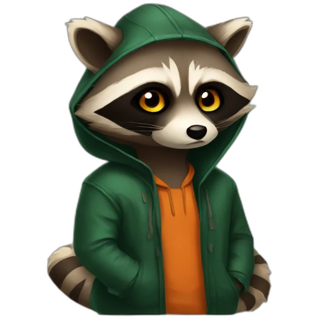 brown raccoon with orange eyes and a dark green hood that is sad emoji