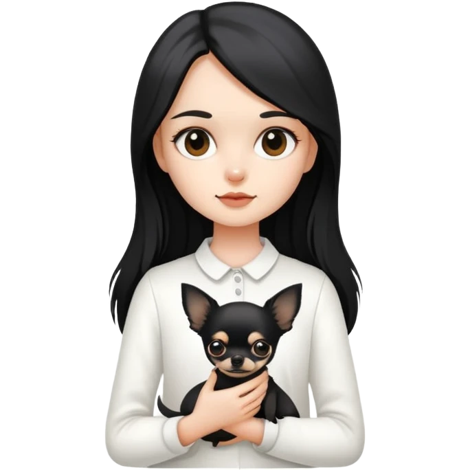 A girl with fair skin, wearing white clothes, holding a black long-haired Chihuahua emoji