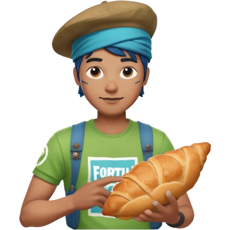 a man with green fortnite tshirt indian he has a cool hat and has a crousant with blou flesh emoji