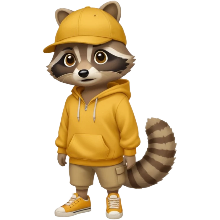 Crear ub mapache que sea solo dibujado con sudadera color mostaza y zapatillas + gorra emoji
