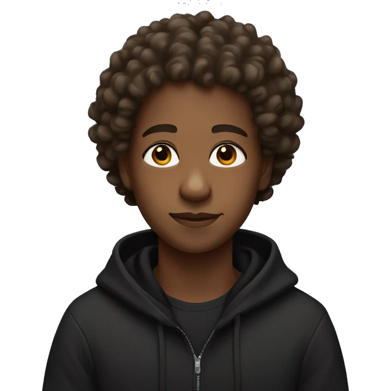 Brown skin person with curly hair and black hoodie  emoji