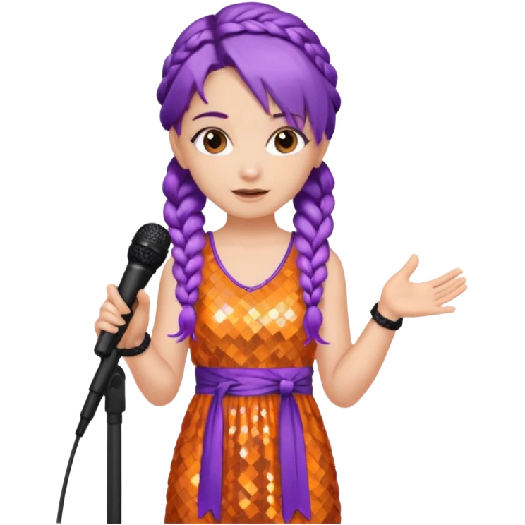 girl in orange blink dress, purple braided hair, holding a mic



















 emoji