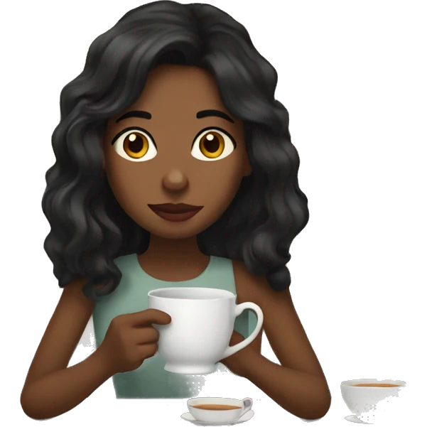 Girl sipping tea with wavy black hair emoji