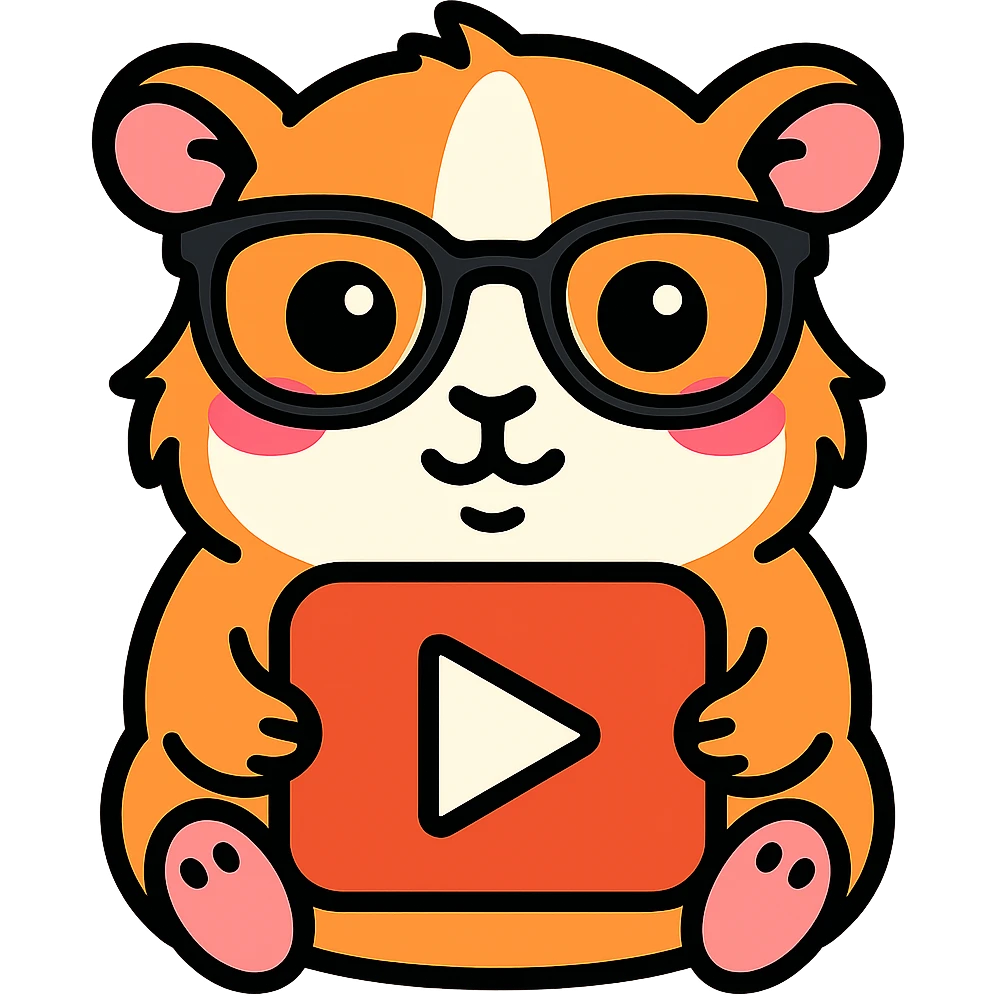 Make the guinea pig match the original reference: same face and glasses style, but holding a play button for a video app, in a cute, outlined, colorful style. emoji