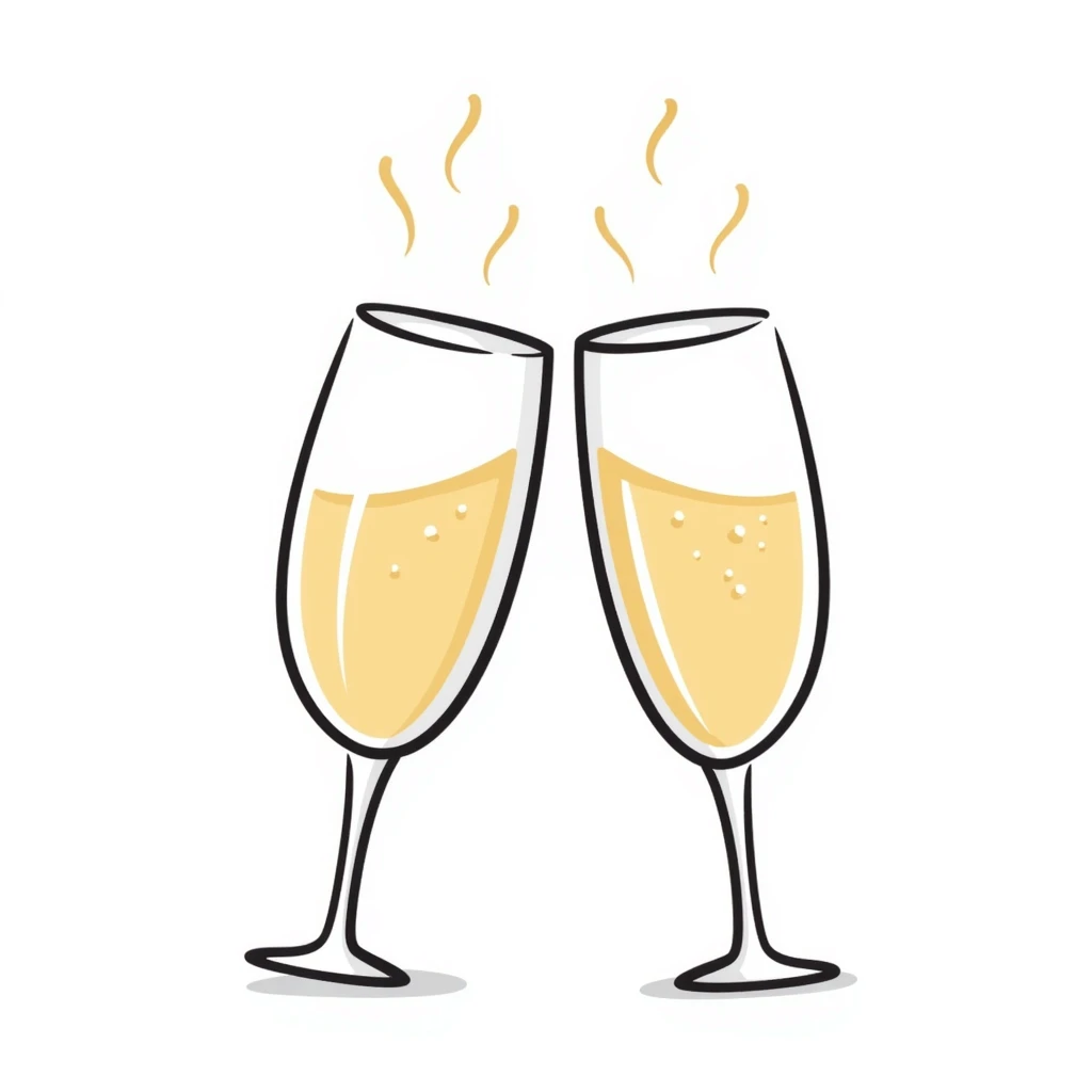 a pair of elegant goblets or wine glasses clinking together with champagne bubbles rising, in pastel colors dd9fb0, ffc6d3, a3bfc9, c4bee2, f1b091, detailed hand-drawn doodle style emoji