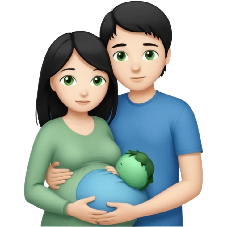 Make a couple hugging the girl is white with long black hair with blue eyes. The girl is hugging a boy with light brown short hair with green eyes. The boz is pregnant  emoji