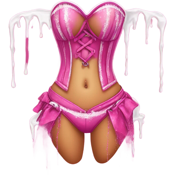 Hot pink corset and bikini bottom with glitter with white paint dripping emoji