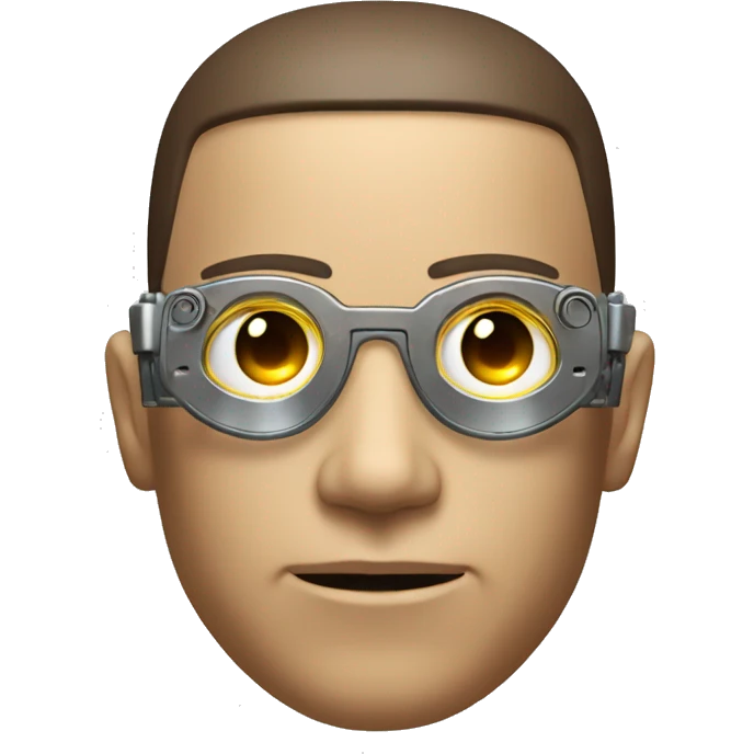 Male cyborg head with metallic plated face, brown flat top, glasses and circuits emoji