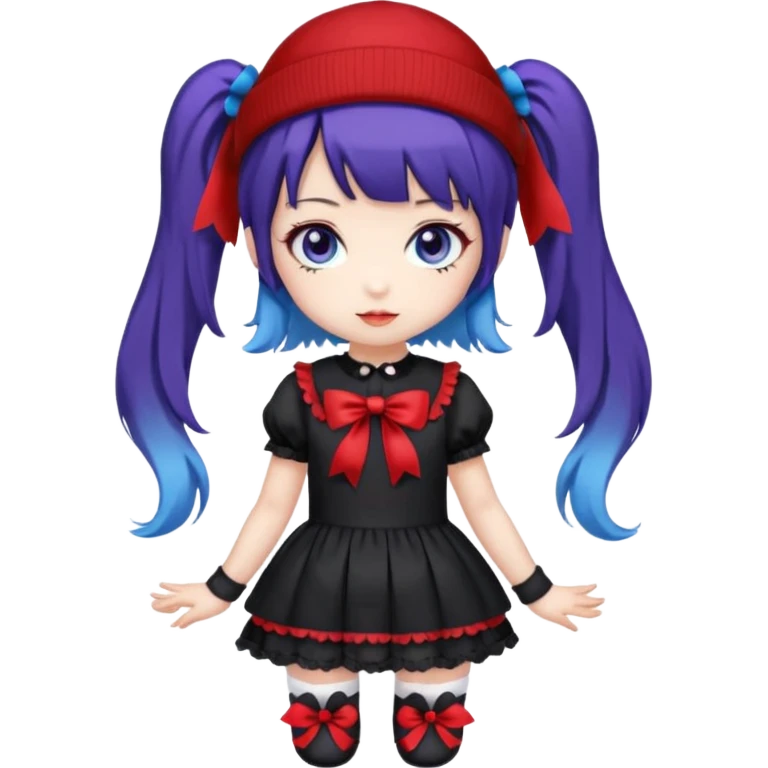 Chibi kawaii, violet eyes, black-blue twin tails, red ribbons, red beanie, black & white lolita dress with red accents, white thigh-highs, black mary janes, cute aesthetic. emoji
