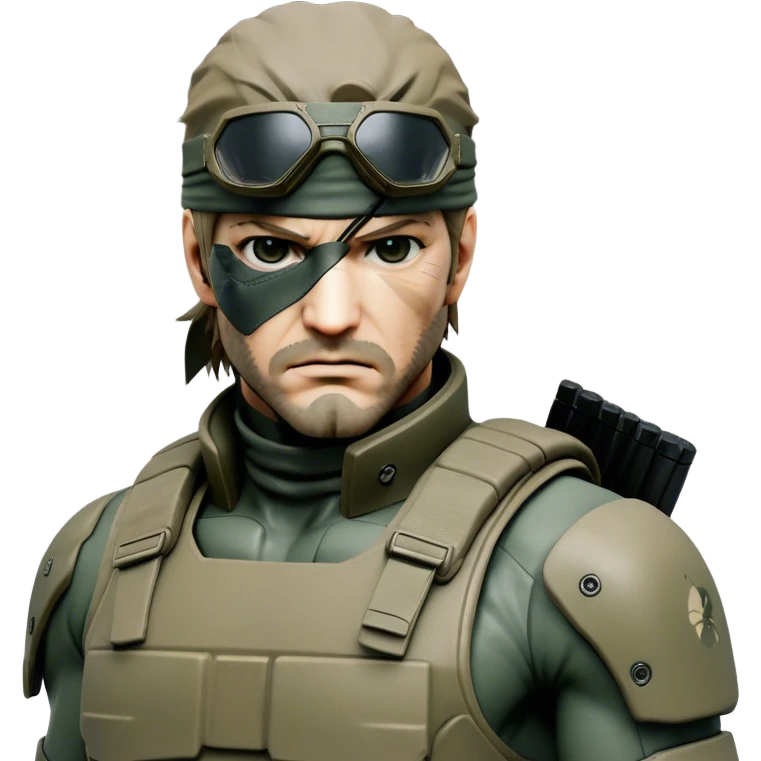 Cinematic Realistic Metal Gear Solid Snake Soldier Portrait, head tilted epicly and inquisitively, showcasing a commanding presence and tactical acumen. His weathered face, intense eyes, and meticulously rendered combat gear in muted earth tones are brought to life with lifelike clarity and dramatic lighting, high shine, epic and awe-inspiring, embodying the covert prowess of a true warrior of the shadows. emoji