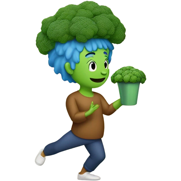 guy with blue hair doing yoga with a cup of broccoli emoji
