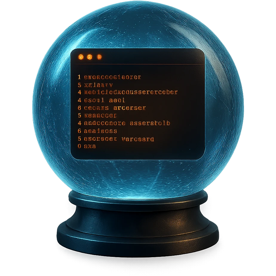 hacker-themed crystal ball with a black terminal window inside displaying orange text, digital and secretive look, glowing and futuristic emoji