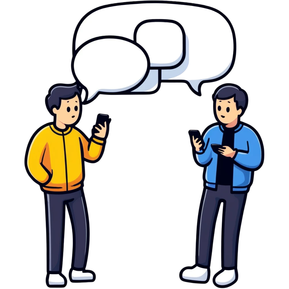two people resolving conflict, one showing avoidant style looking at phone ignoring the issue, the other showing secure style with a conversation bubble suggesting talking it through emoji