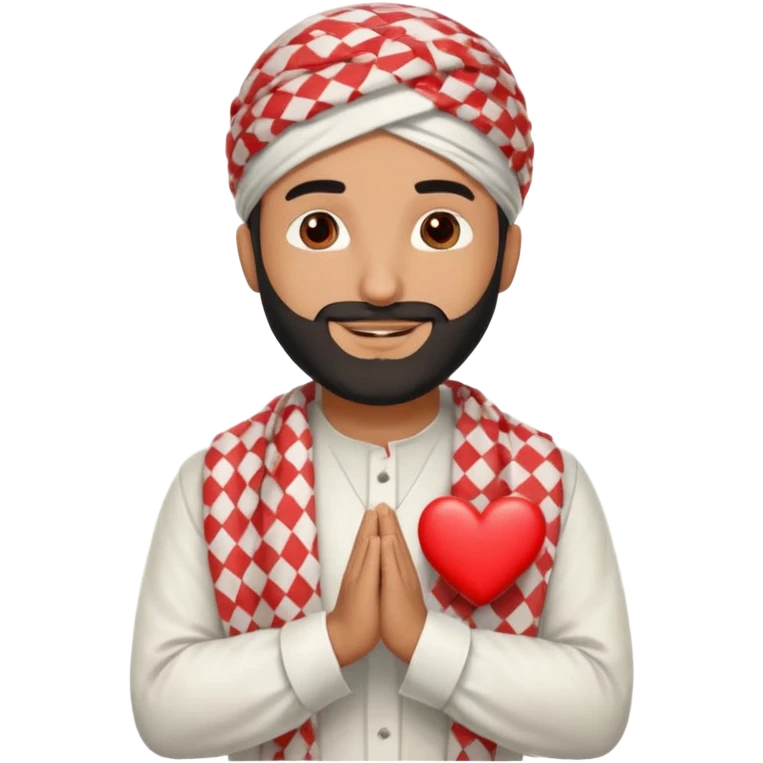 Middle Eastern man showing gratitude, friendly smile, trimmed beard, wearing white thobe and red-and-white checkered keffiyeh with black agal, hands crossed over chest, small red heart above head, soft beige background, clean and minimal flat digital style emoji
