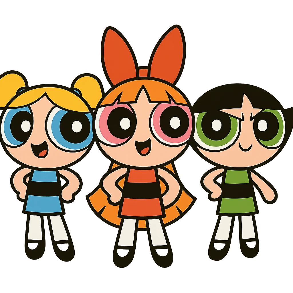 three animated girls with round heads and big eyes, inspired by the Powerpuff Girls, playful style emoji