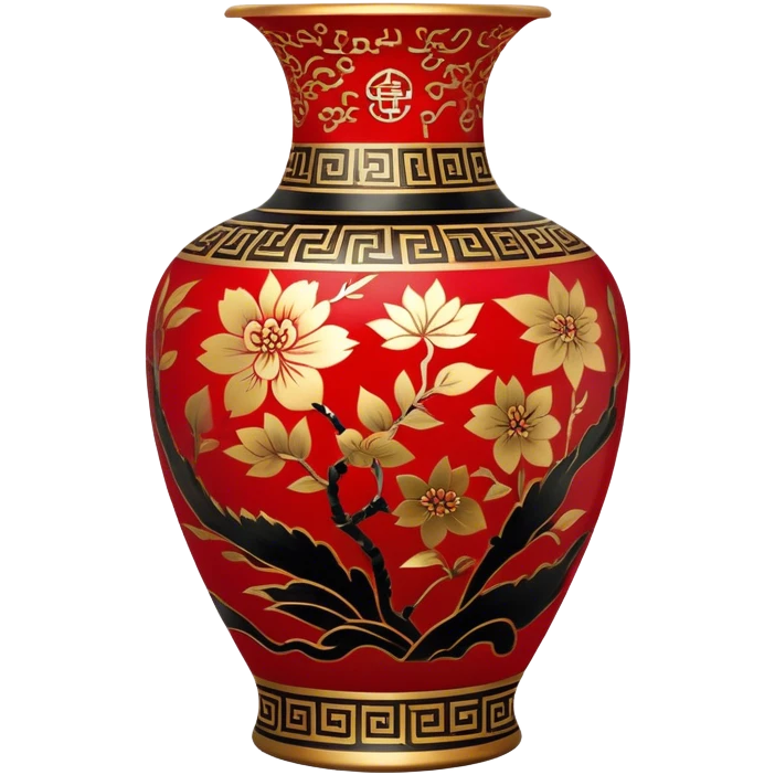 Chinese metal painting icon, intricate hand-painted Chinese patterns on metal vase, painting with a brush, vibrant colors like red, gold, and black, delicate brushstrokes, visible fine paintbrush and metal surface, painting process, minimalistic style, clean lines, transparent background. emoji