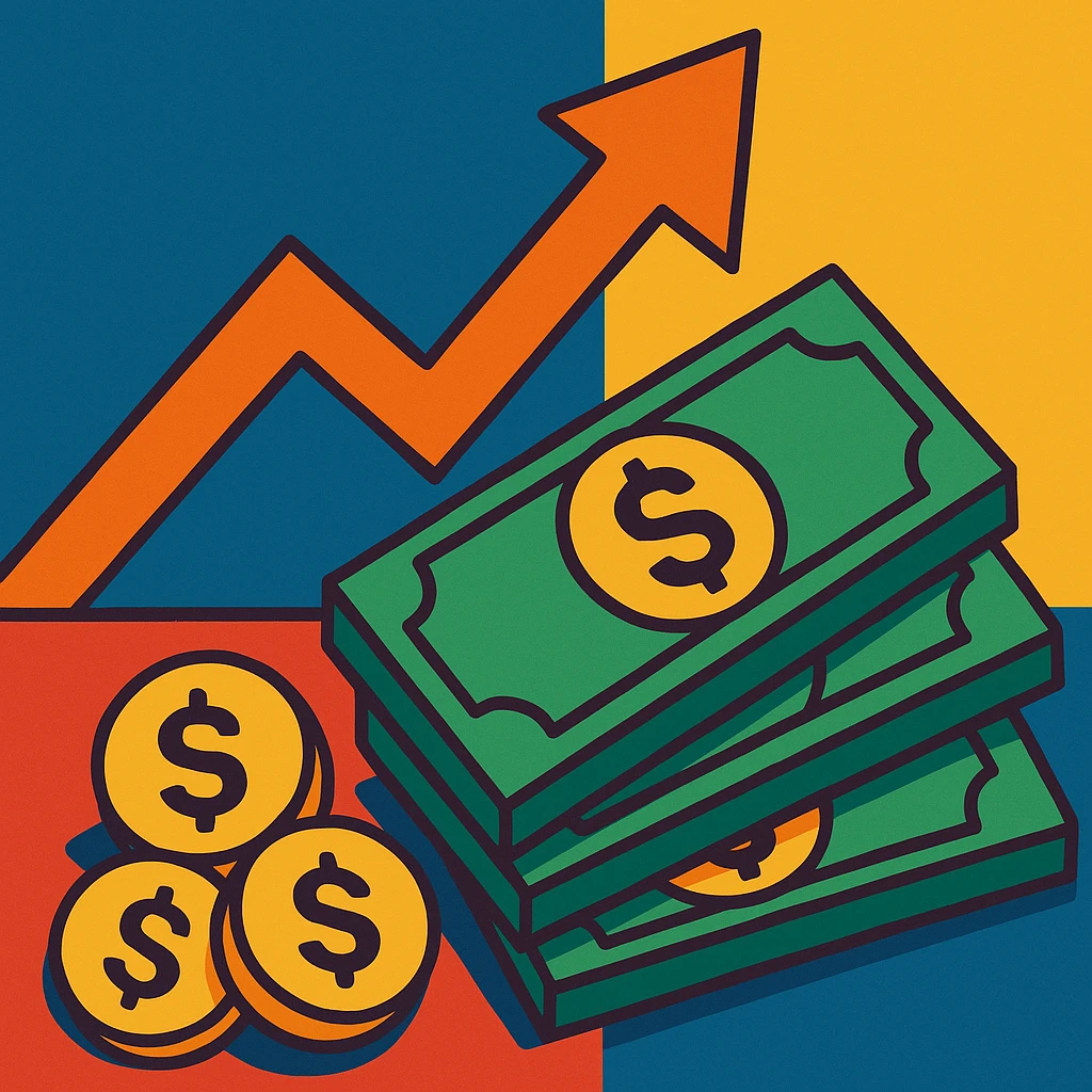 investment concept with upward arrow and money, with a different perspective emoji