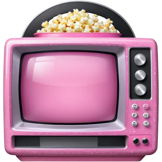 front view of transparent sparkly pink shiny CRT TV sitting on top of pink VCR, with pink/white rhinestone bucket of popcorn beside it emoji