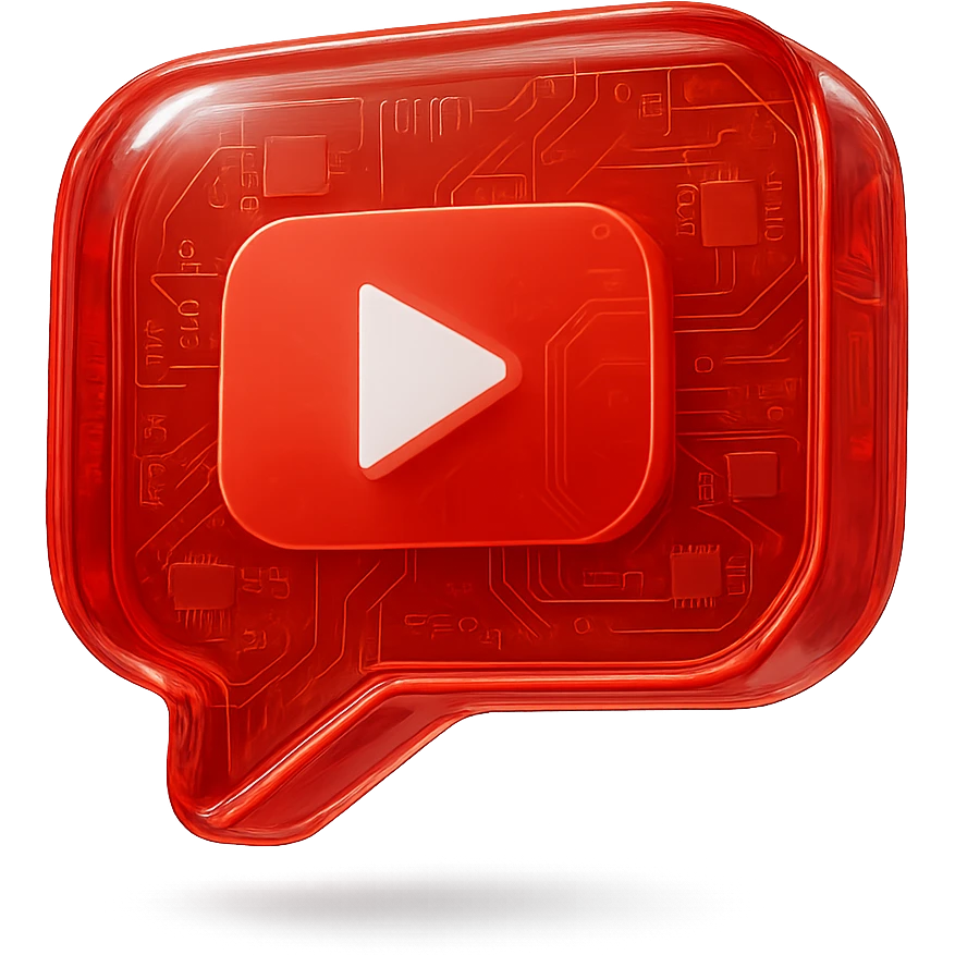 red speech bubble with inside a big red YouTube white play button, very glossy circuit style, white emoji