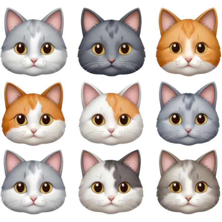 6 realistic looking cats with different natural coloured coats, assorted grey and white, greys, calico, brown and white colours etc
 emoji
