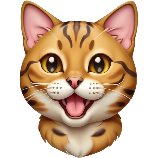 Cinematic Cute Bengal Cat Portrait Emoji, Head tilted playfully and yawning, sleek spotted brown and gold tones, Simplified yet adorable features, highly detailed, glowing with a warm, friendly glow, high shine, curious and affectionate, stylized with a touch of whimsy, bright and alert, soft glowing outline, capturing the essence of a mischievous yet loving kitten, so endearing it feels like it could leap out of the screen and stretch! emoji