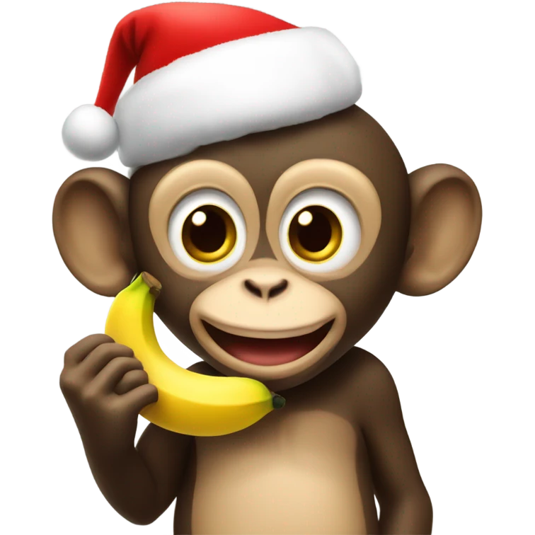 Happy little cartoon monkey eating a banana wearing a Christmas hat emoji