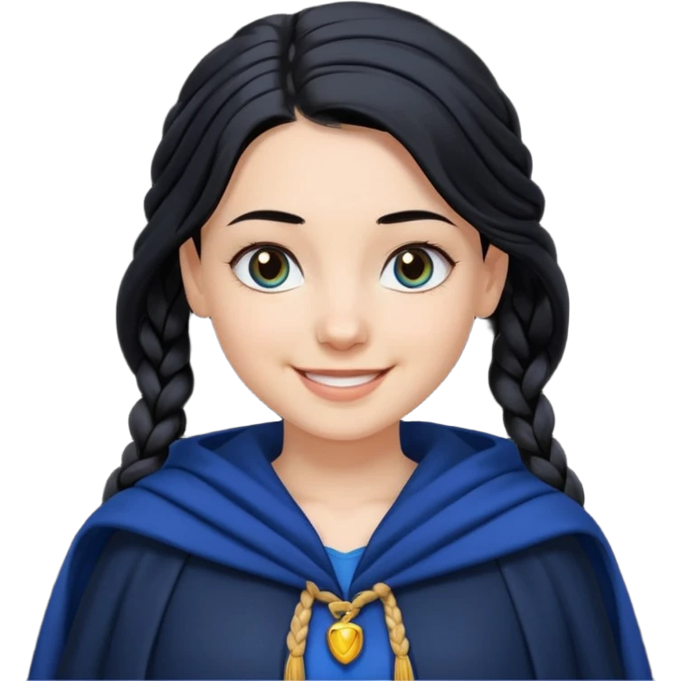 braid black hair, white girl, dark blue cloak, happy smile emoji