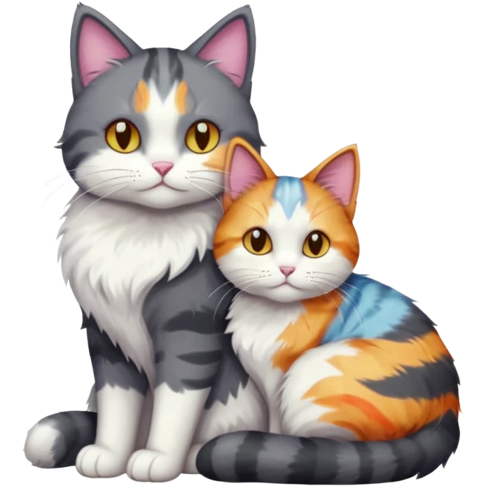 full body large dark grey and white cat cuddling a colourful light patched calico + white tabby cat  emoji