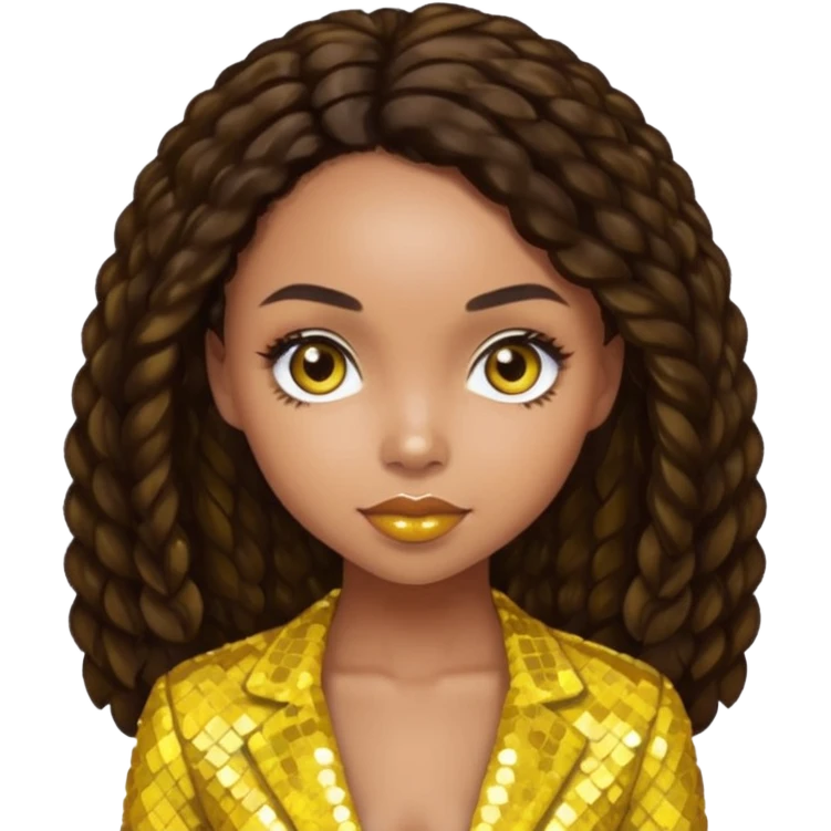 Logan Browning with long dark brown hair, yellow sequin outfit emoji